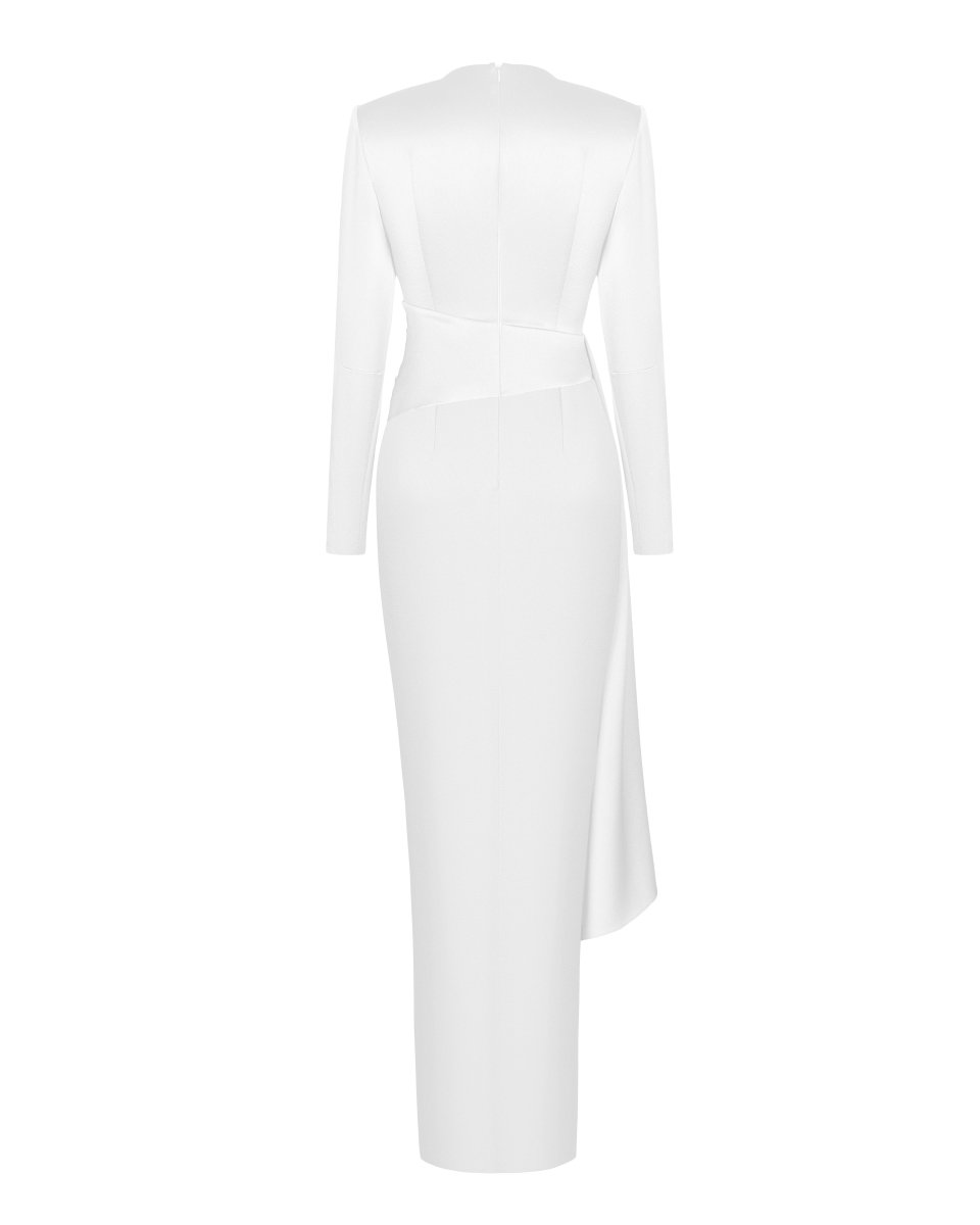 Draped satin maxi dress with voluminous shoulders – Rasario