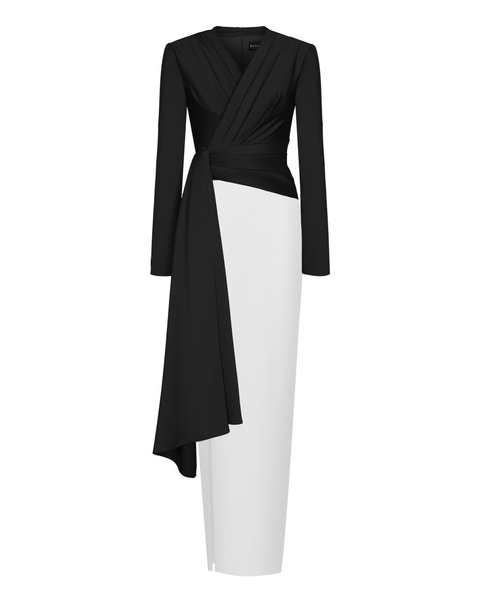 Draped satin maxi dress with voluminous shoulders – Rasario