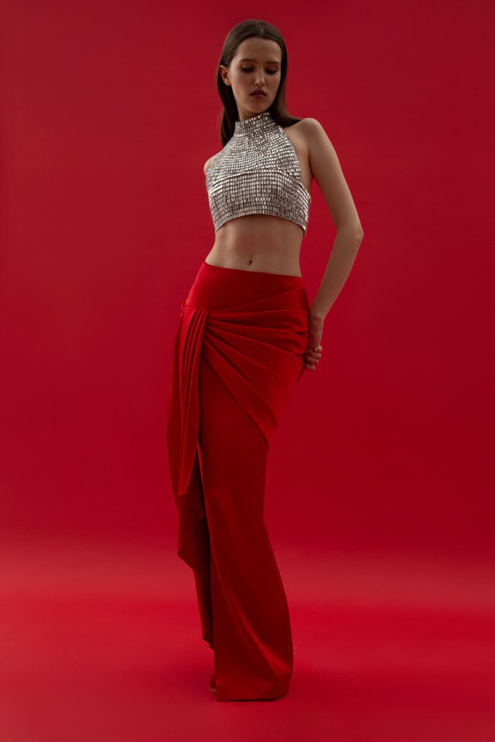 Draped satin maxi skirt with a side train – Rasario