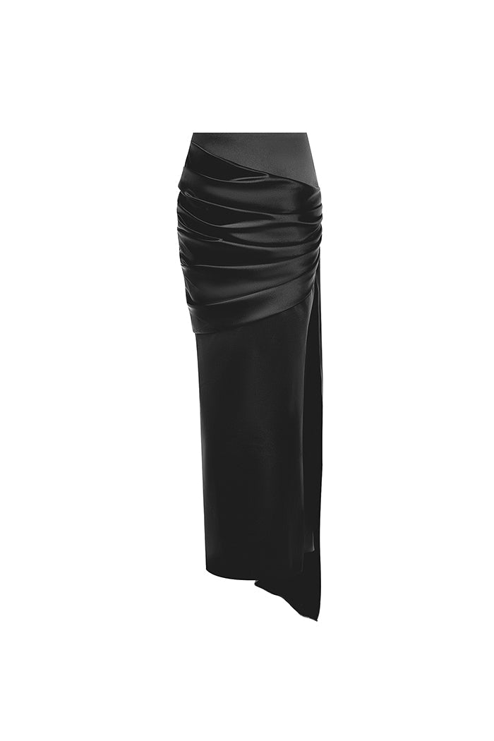 Draped satin maxi skirt with a side train – Rasario