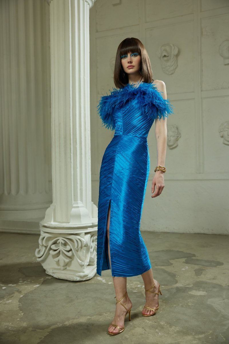 Draped satin midi dress with fringes – Rasario