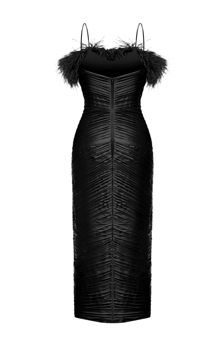 Draped satin midi dress with fringes – Rasario