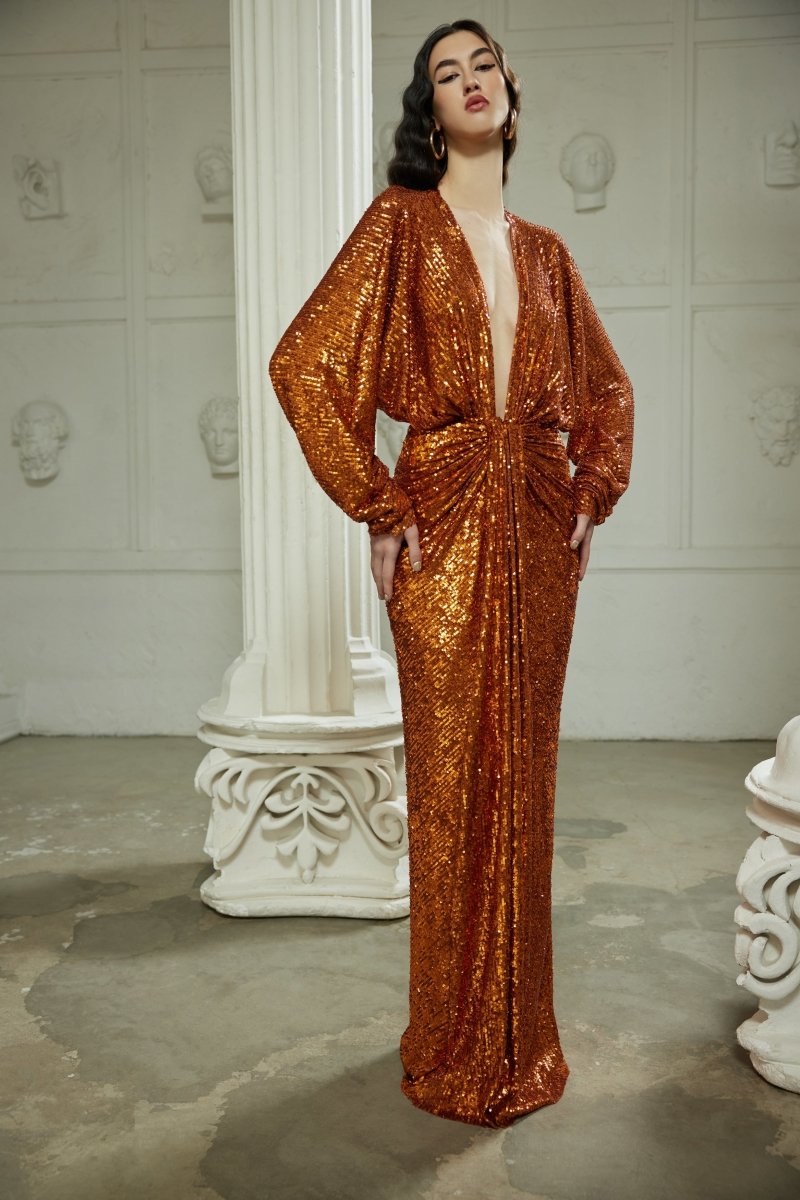 Draped sequined maxi dress with long sleeves – Rasario