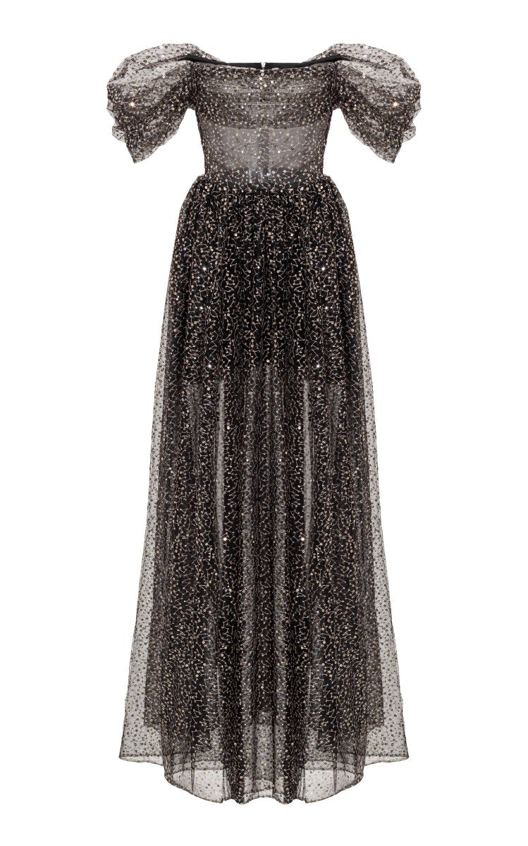 Draped sequined tulle maxi dress with voluminous skirt – Rasario