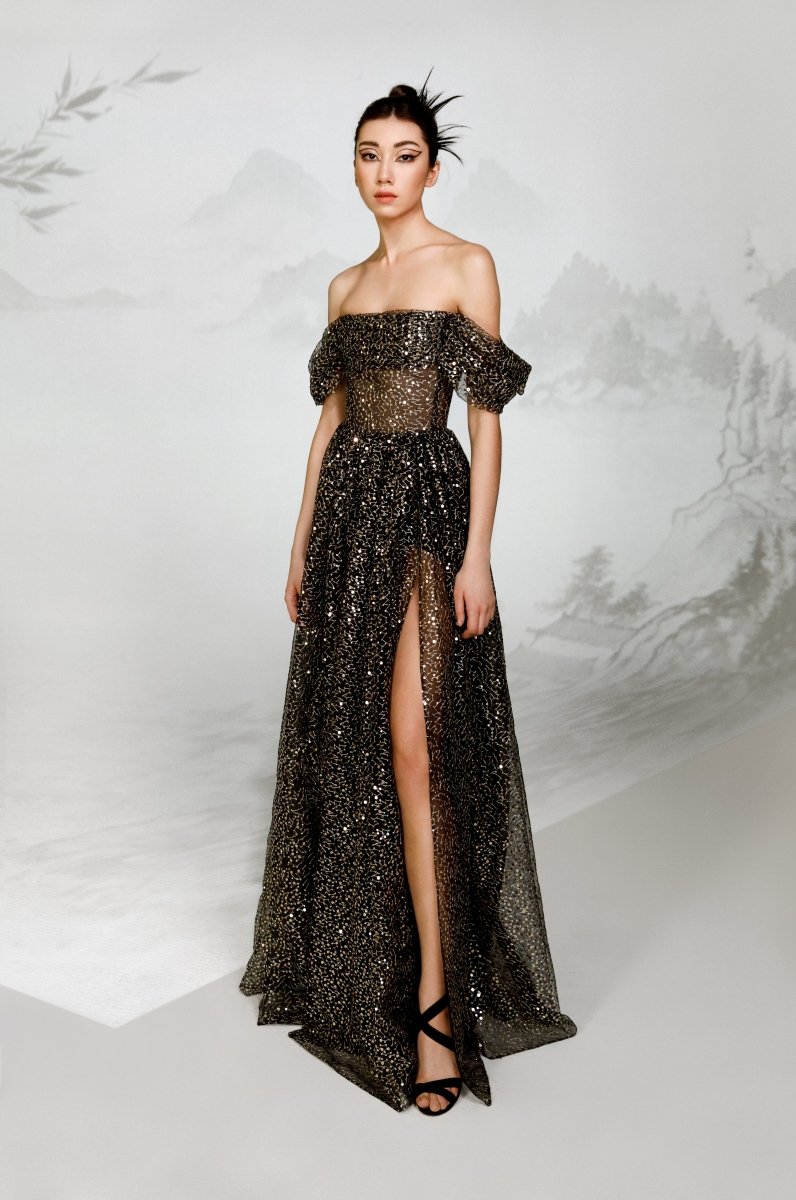 Draped sequined tulle maxi dress with voluminous skirt – Rasario