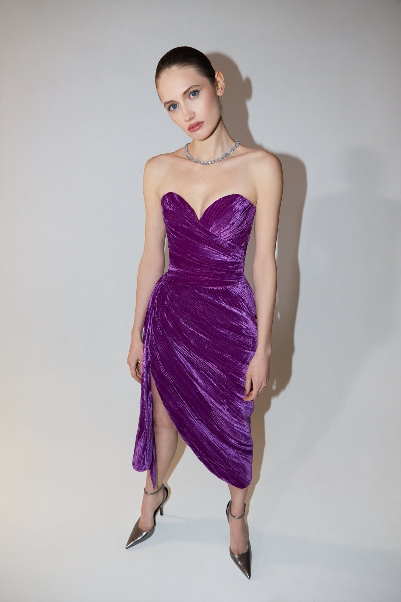 Draped velvet midi dress with train – Rasario