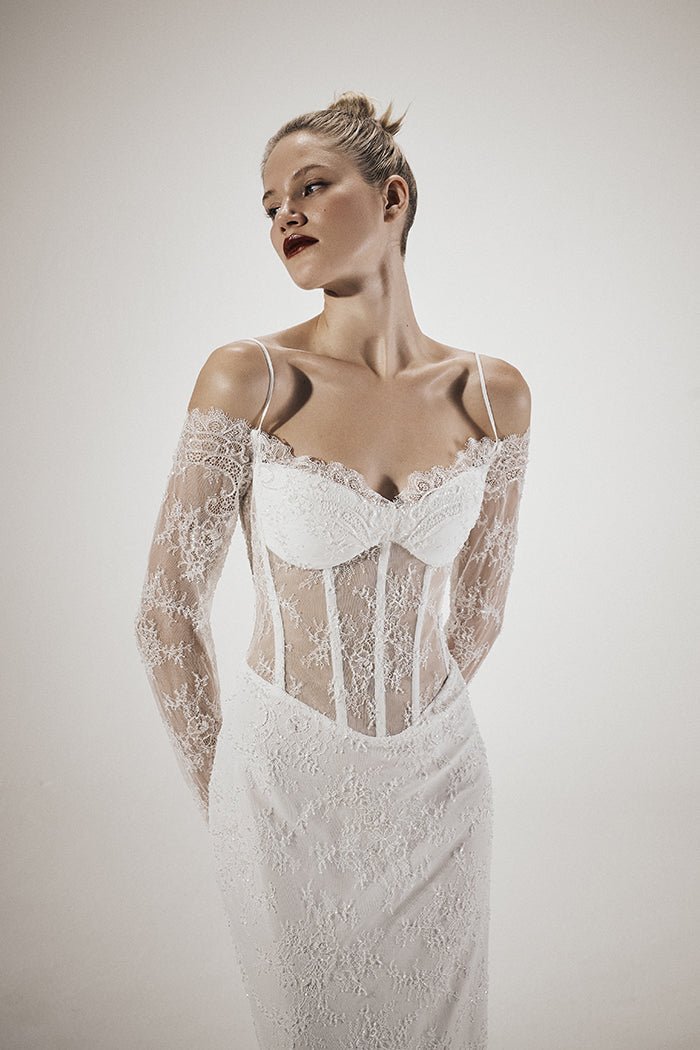 Embroidered chantilly lace corset maxi dress – Rasario