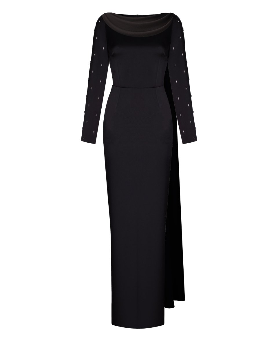 Embroidered satin maxi dress with draped collar – Rasario