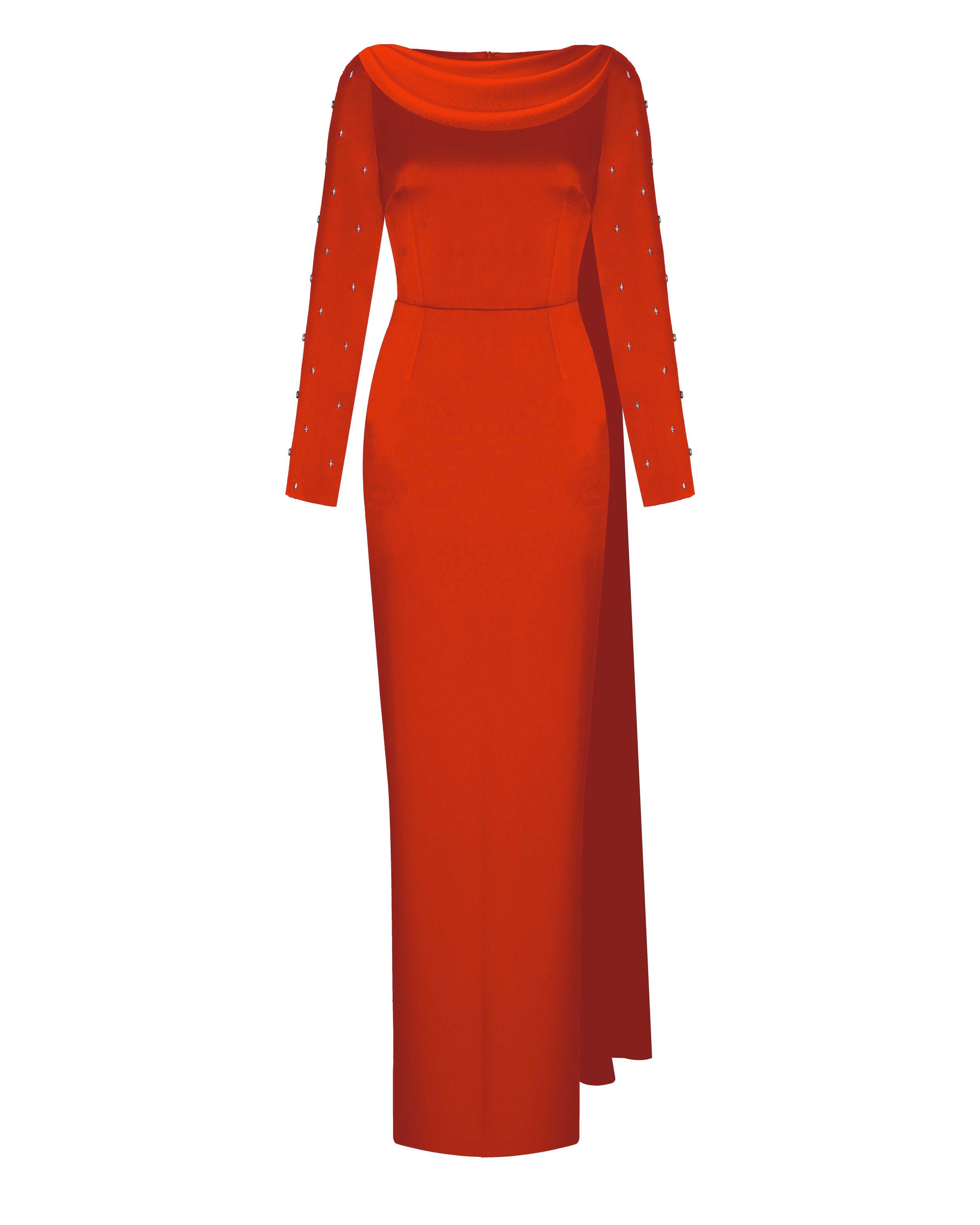 Embroidered satin maxi dress with draped collar – Color: Orange – RASARIO Online Boutique 36 (FR) / Orange