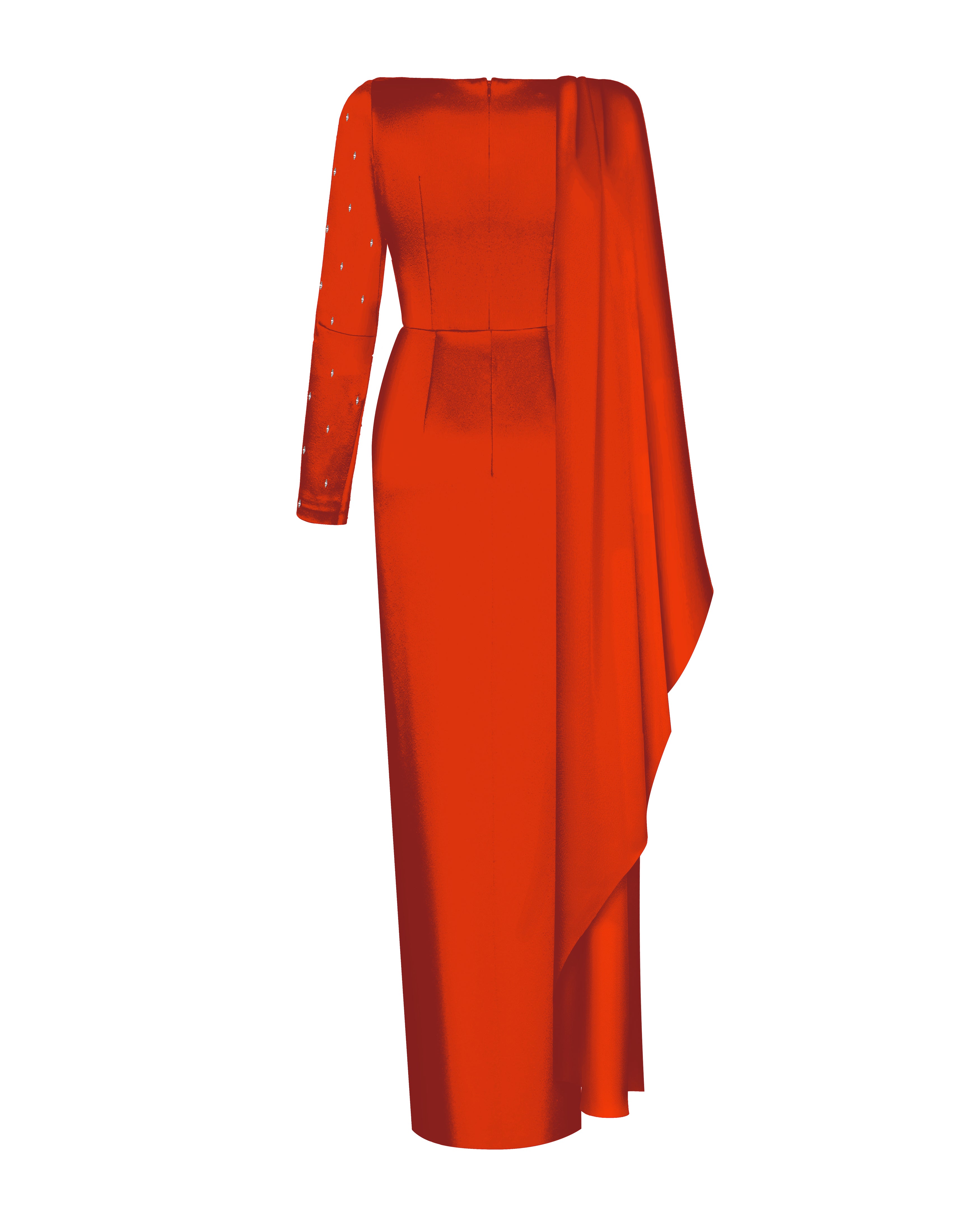 Embroidered satin maxi dress with draped collar – Rasario