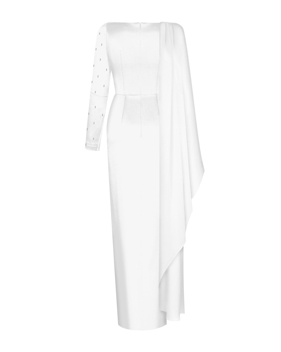 Embroidered satin maxi dress with draped collar – Rasario