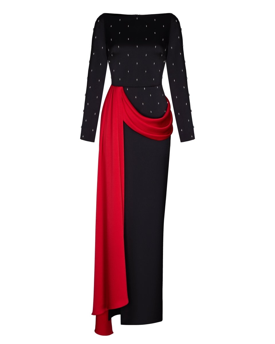 Embroidered satin maxi dress with drapery and train – Rasario