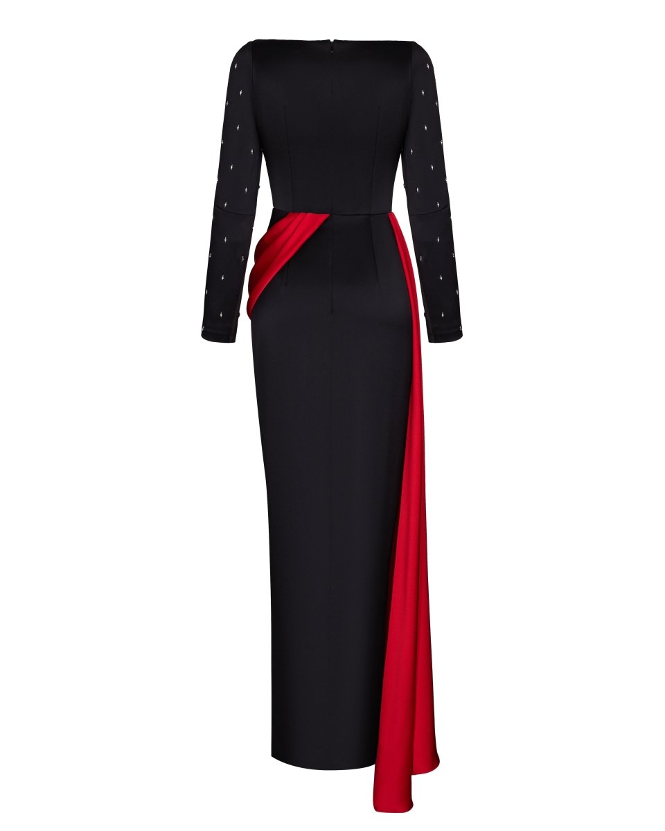 Embroidered satin maxi dress with drapery and train – Rasario