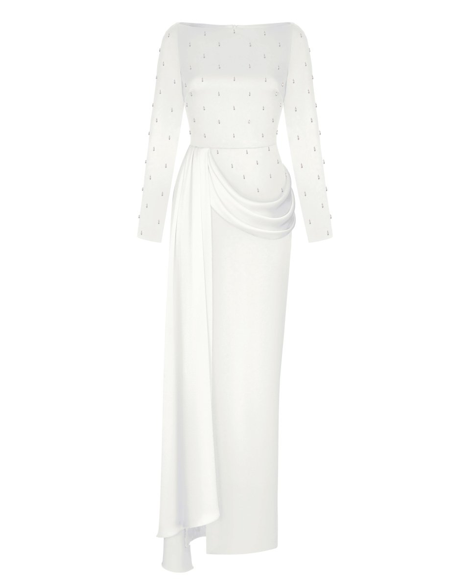 Embroidered satin maxi dress with drapery and train – Rasario