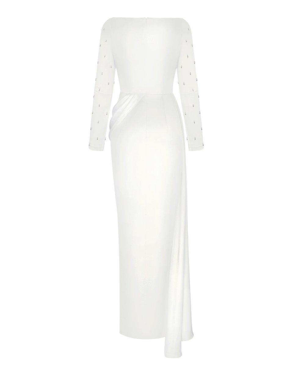 Embroidered satin maxi dress with drapery and train – Rasario