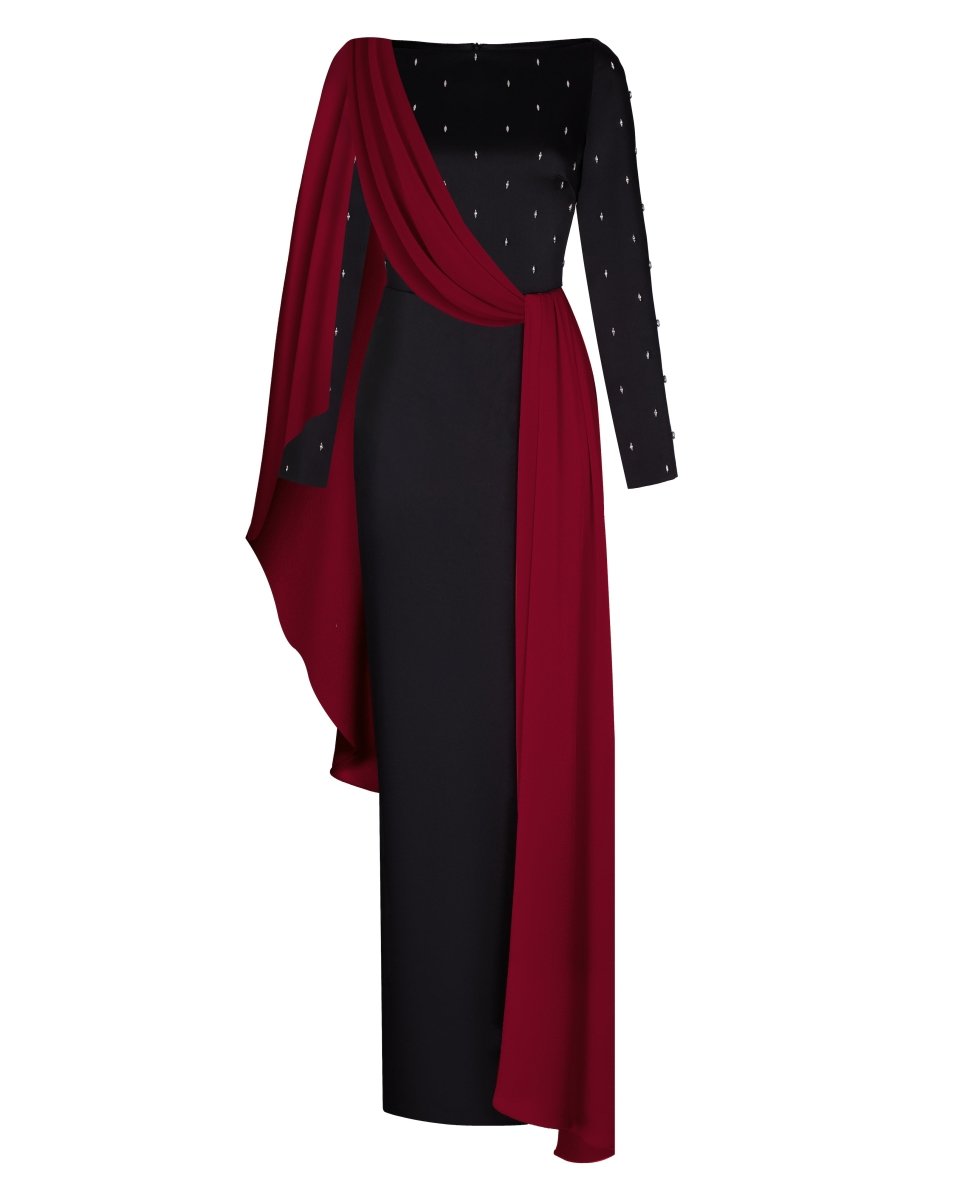 Embroidered satin maxi dress with voluminous drapery – Rasario