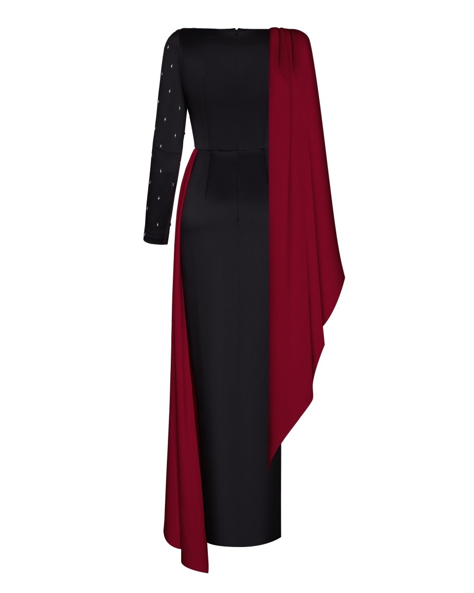 Embroidered satin maxi dress with voluminous drapery – Rasario