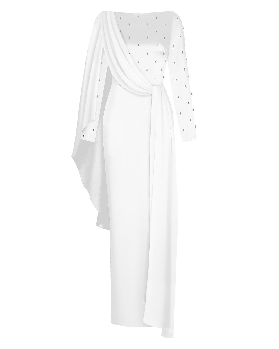 Embroidered satin maxi dress with voluminous drapery – Rasario