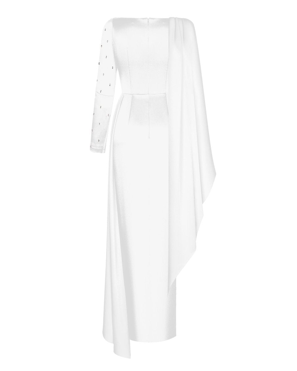 Embroidered satin maxi dress with voluminous drapery – Rasario