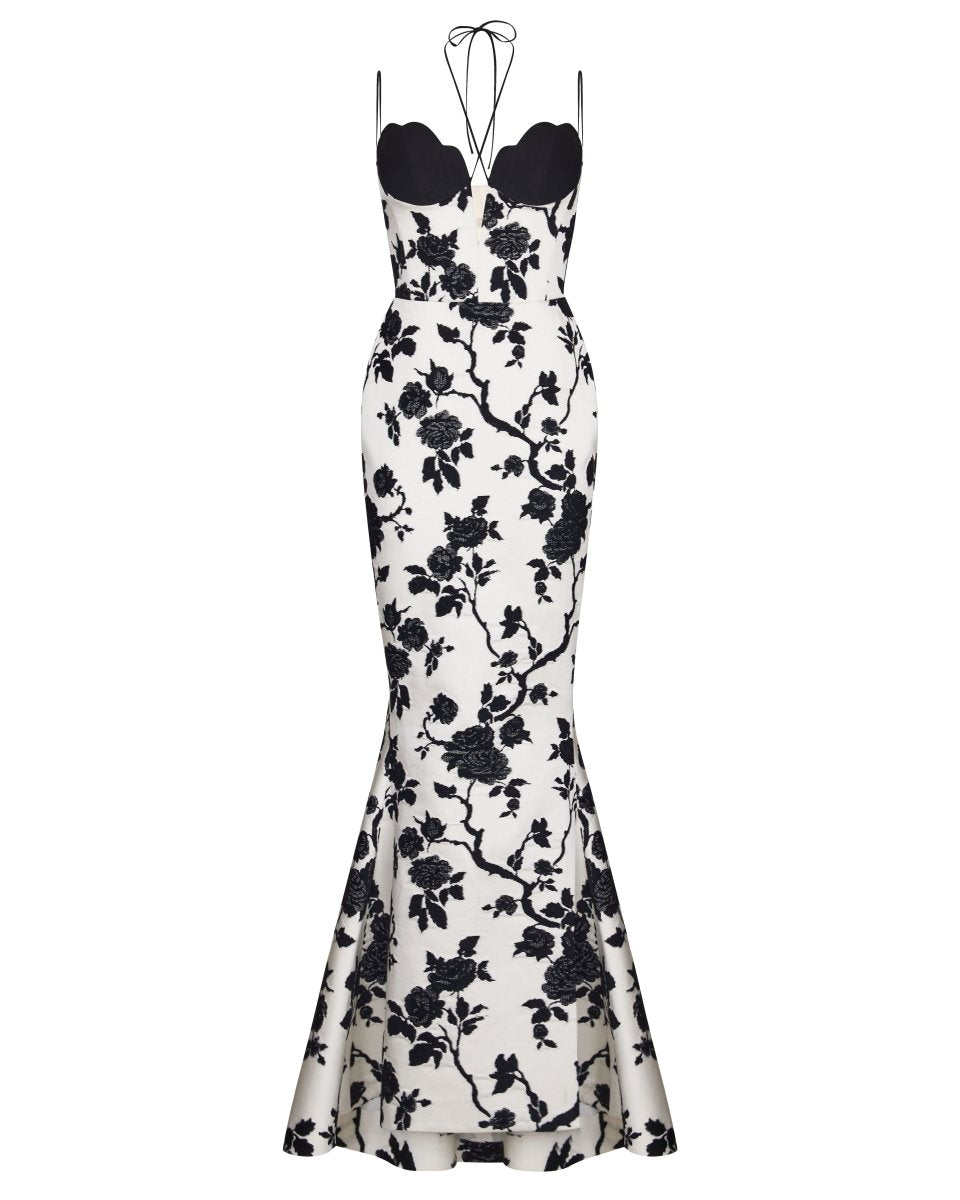Floral jacquard and crepe maxi dress with voluminous skirt and train – Rasario