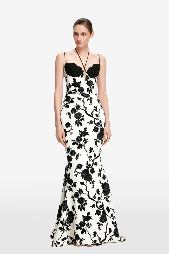 Floral jacquard and crepe maxi dress with voluminous skirt and train – Rasario