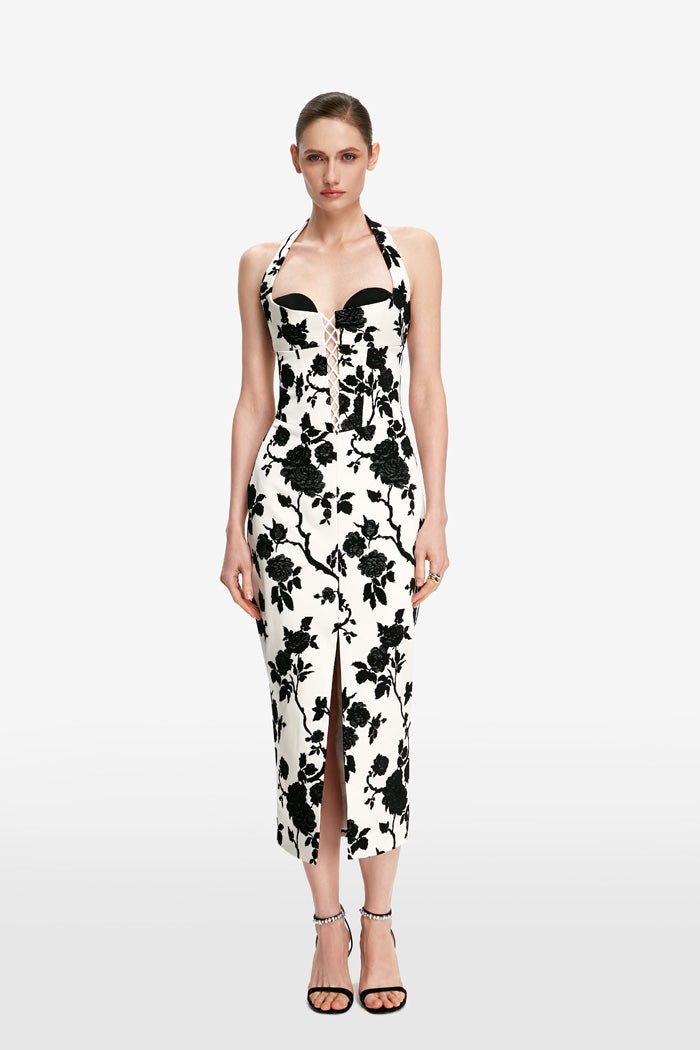 Floral jacquard and crepe midi dress with lacing – Rasario