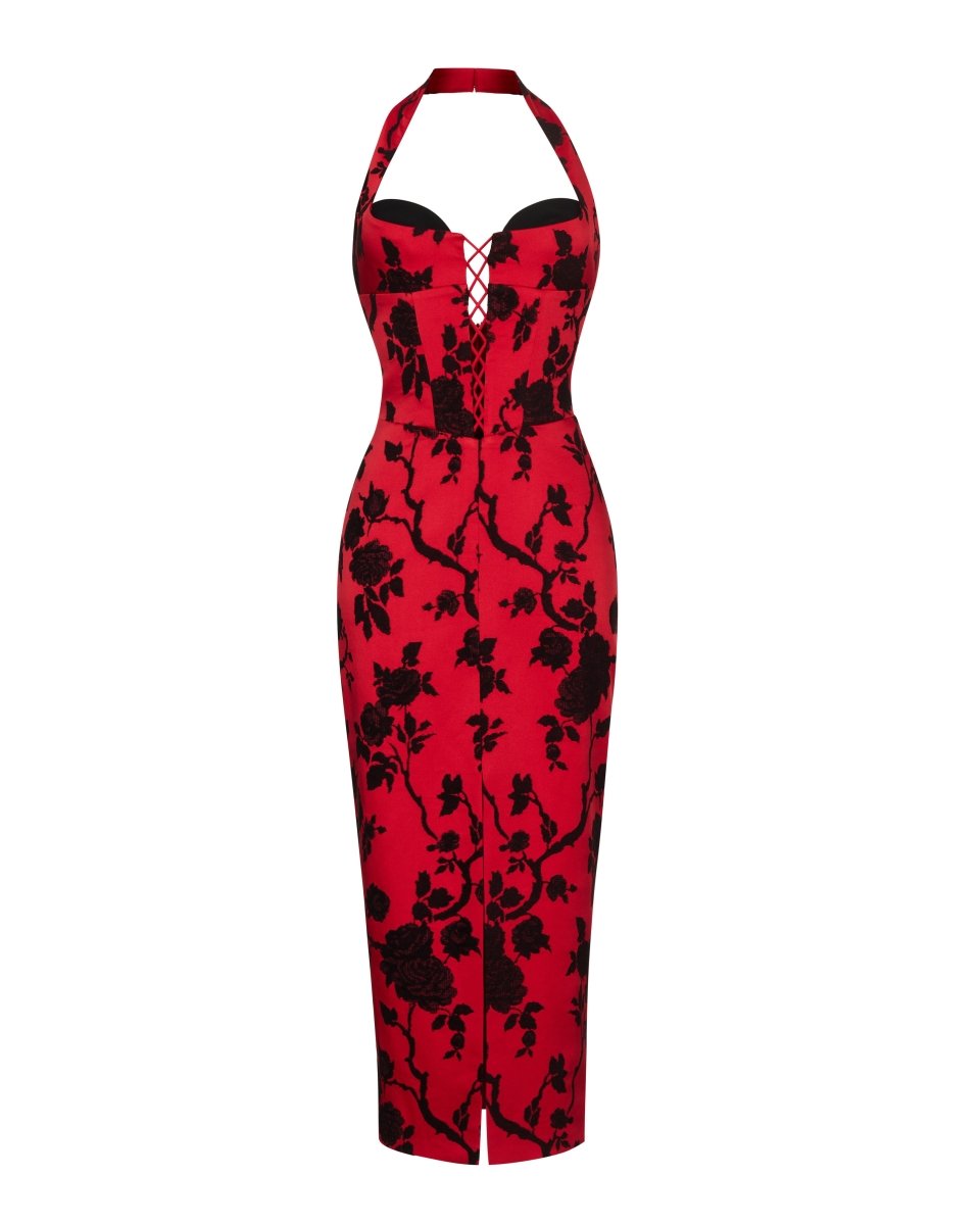 Floral jacquard and crepe midi dress with lacing – Rasario