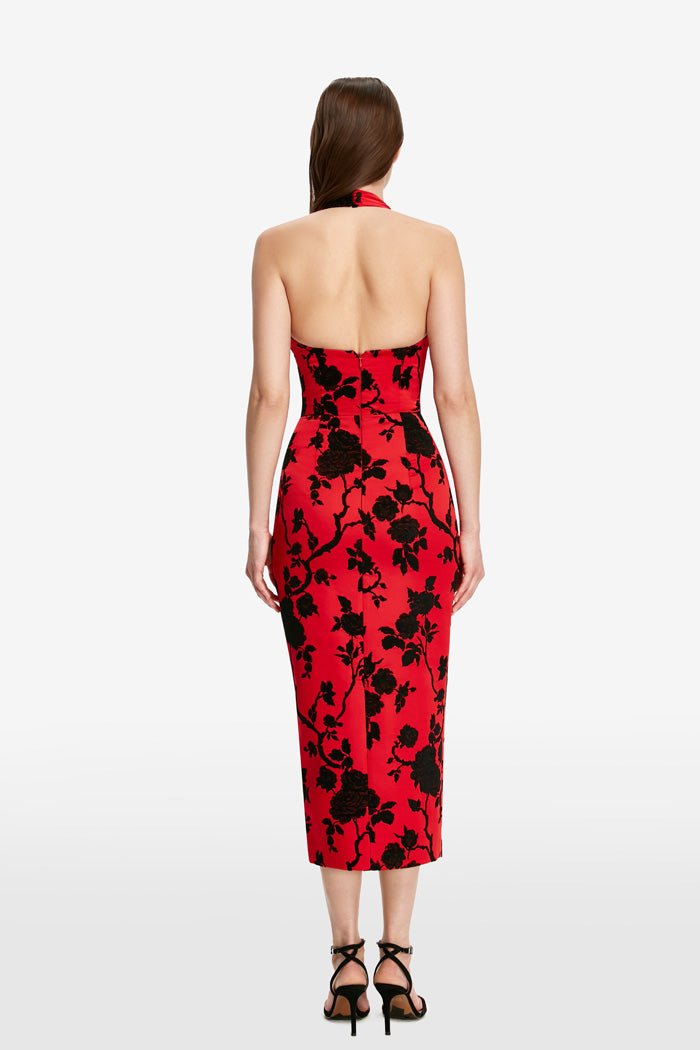Floral jacquard and crepe midi dress with lacing – Rasario