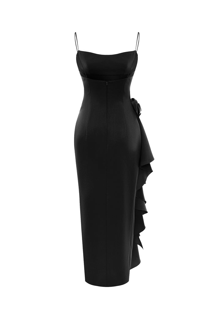 Flower embellished draped satin midi dress – Rasario