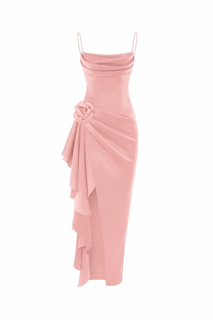 Rasario Flower Embellished Draped Satin Midi Dress