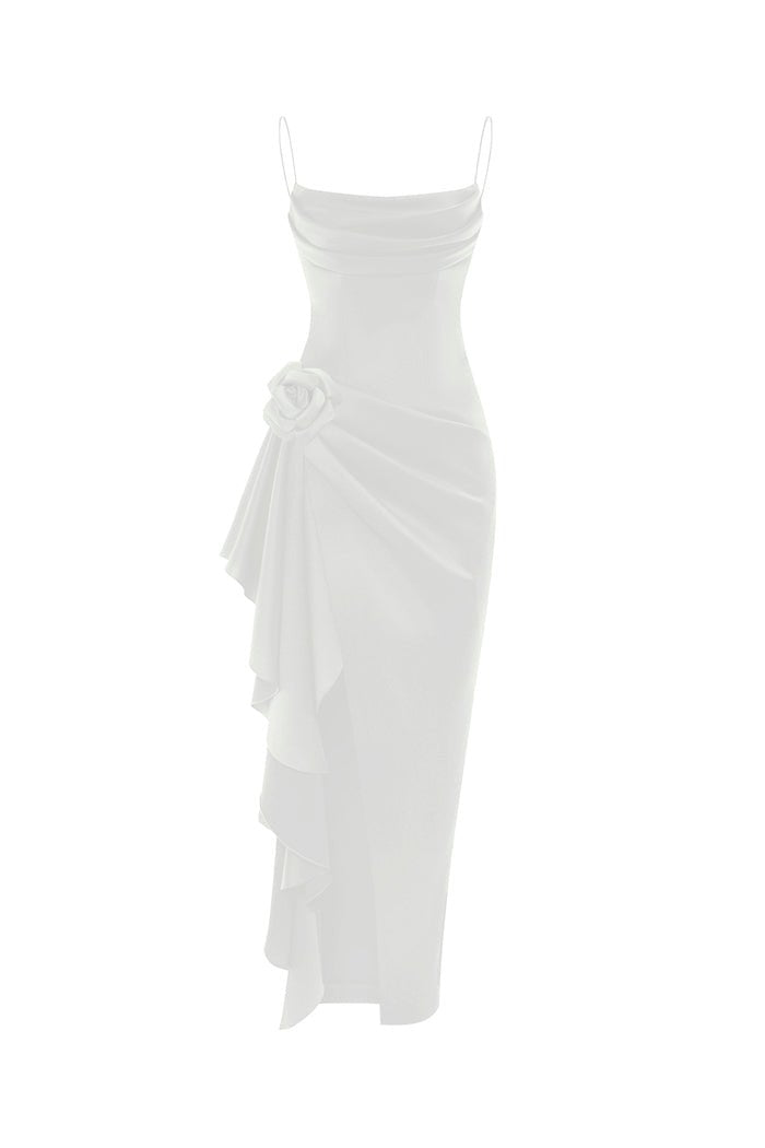 Flower embellished draped satin midi dress – Rasario