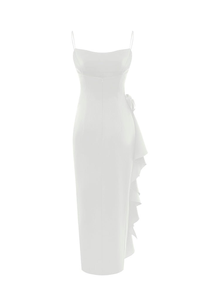 Flower embellished draped satin midi dress – Rasario