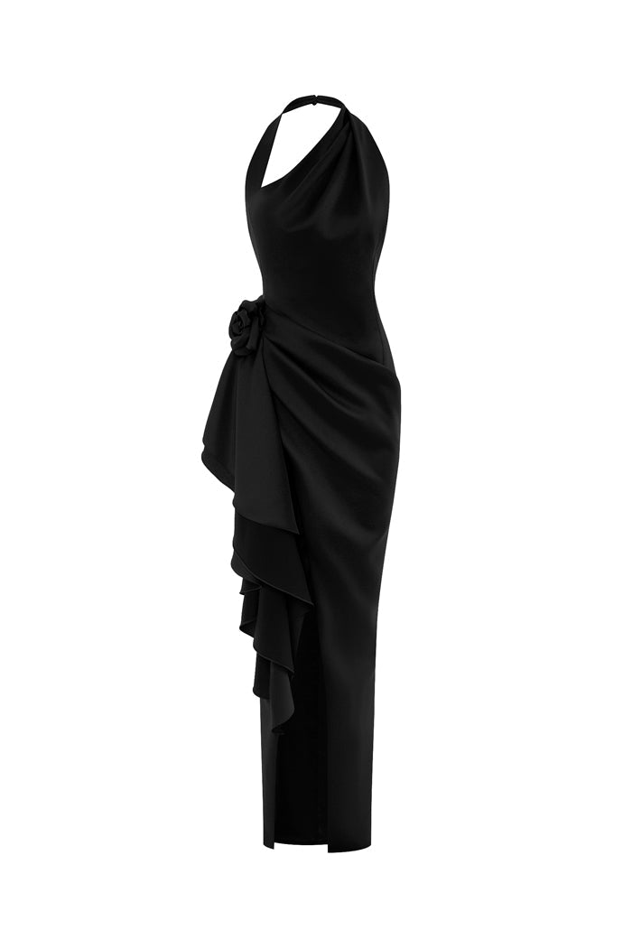 Flower embellished satin maxi dress – Rasario