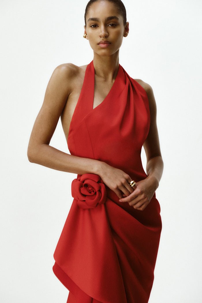 Flower embellished satin maxi dress – Rasario