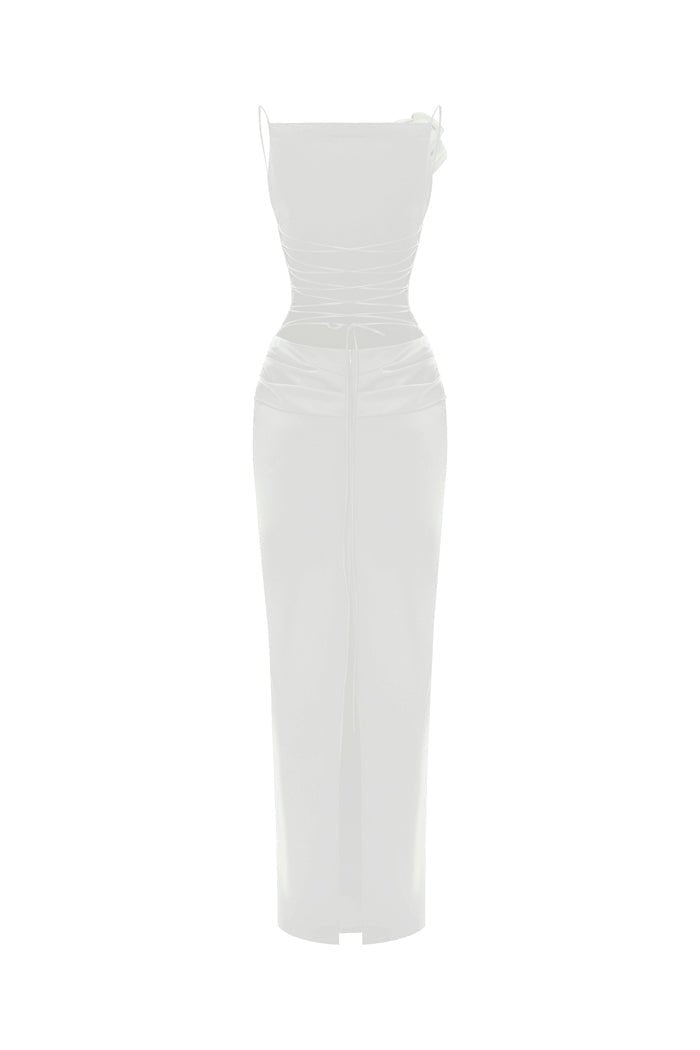 Flower embellished satin maxi dress with an opened back – Rasario