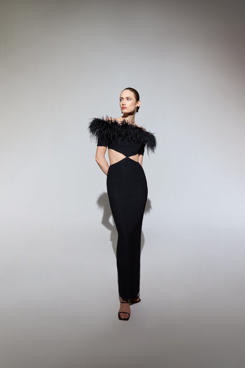 Fringe crepe maxi dress with cutouts – Rasario