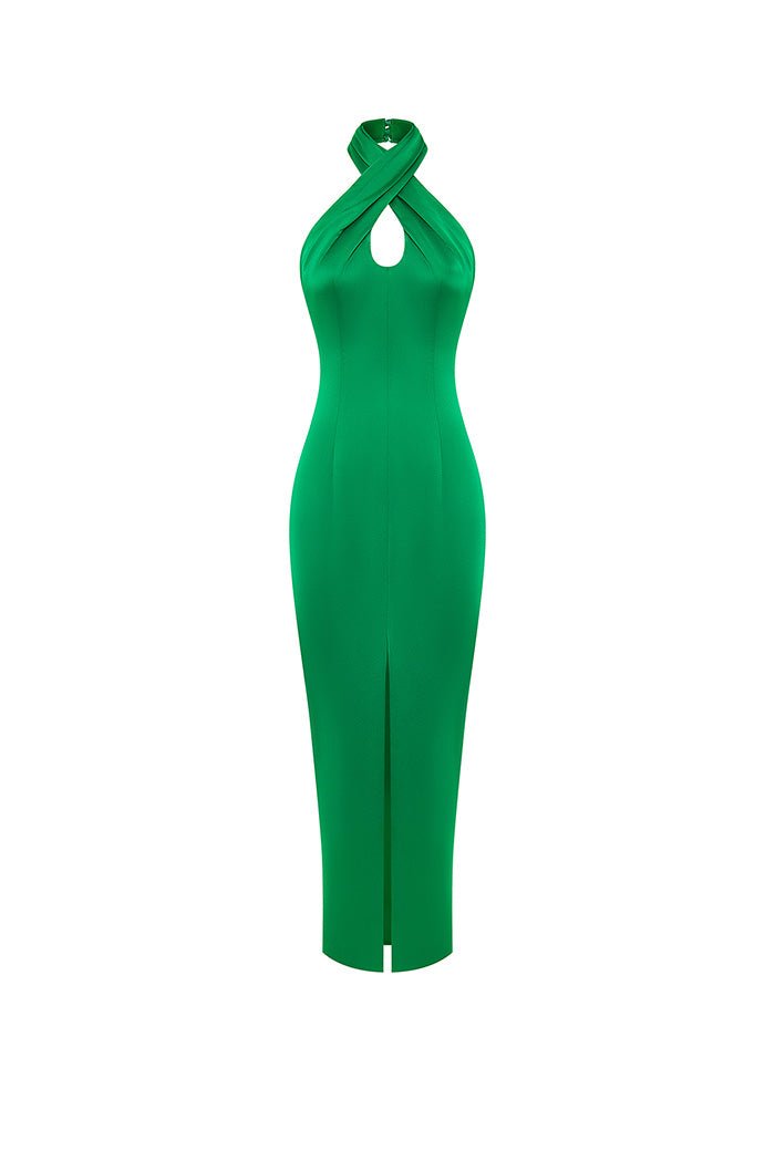 Halter-neck satin long midi dress – Rasario