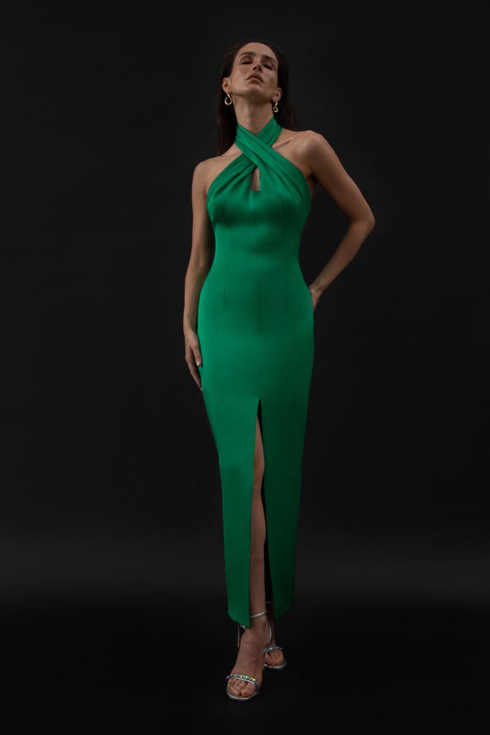 Halter-neck satin long midi dress – Rasario