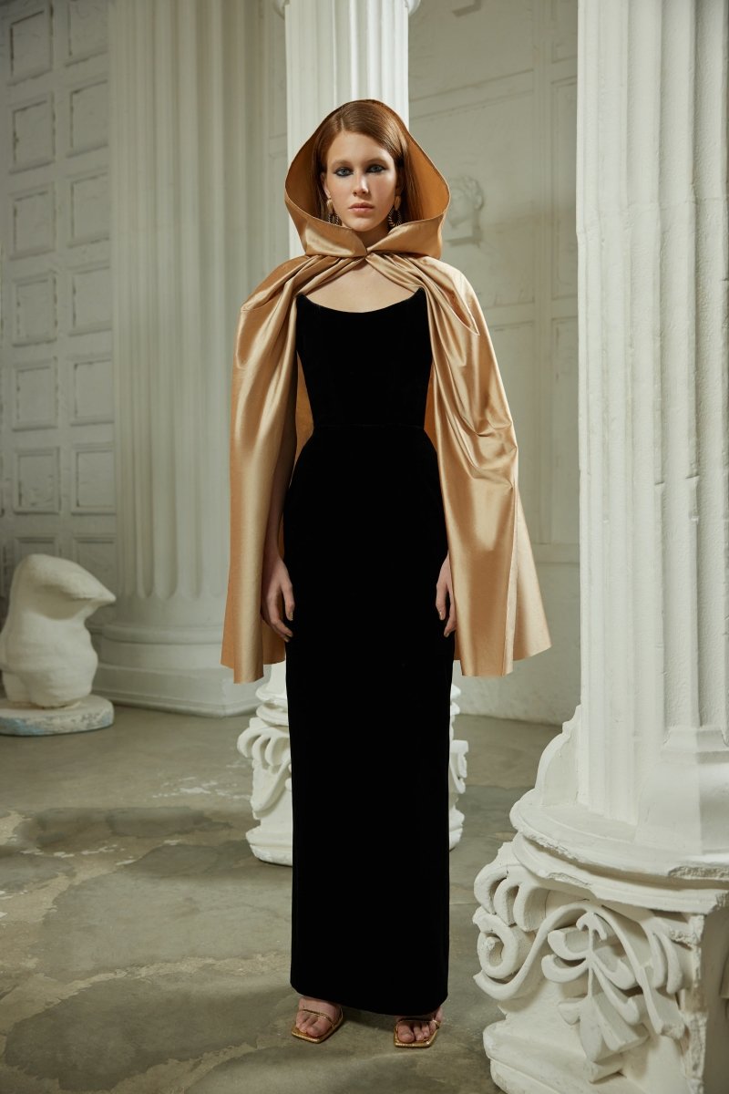Hooded bow-embellished silk cape – Rasario