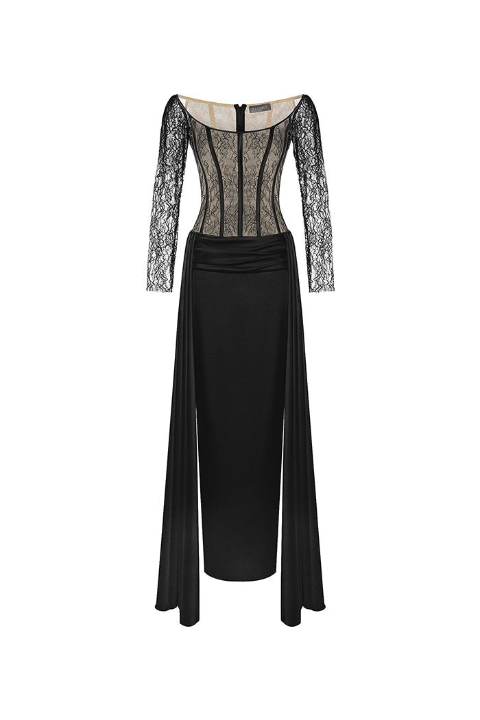 Lace and satin corset gown dress with a train – Color: Black – RASARIO Online Boutique 38 (FR) / Black
