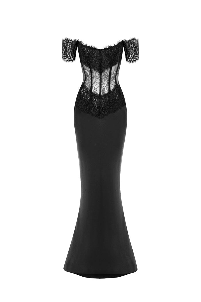 Lace and satin corset maxi dress – Color: Black – RASARIO Online Boutique 46 (FR) / Black