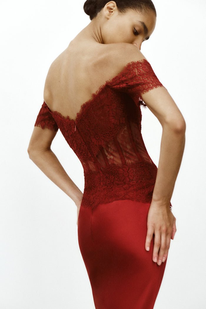 Lace and satin corset maxi dress – Rasario