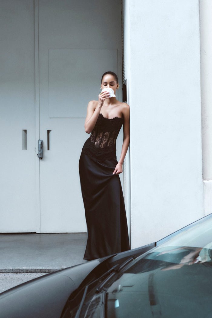 Lace and satin corset maxi dress – Rasario