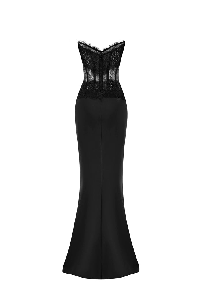 Lace and satin corset maxi dress – Color: Black – RASARIO Online