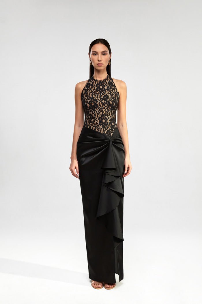 Lace and satin draped maxi dress with ruffle – Rasario