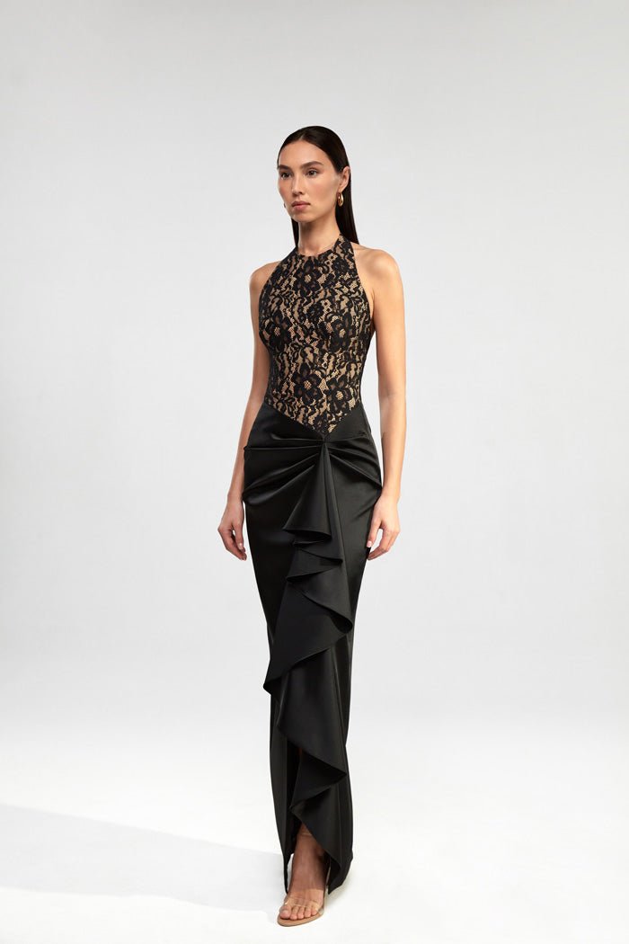 Lace and satin draped maxi dress with ruffle – Rasario