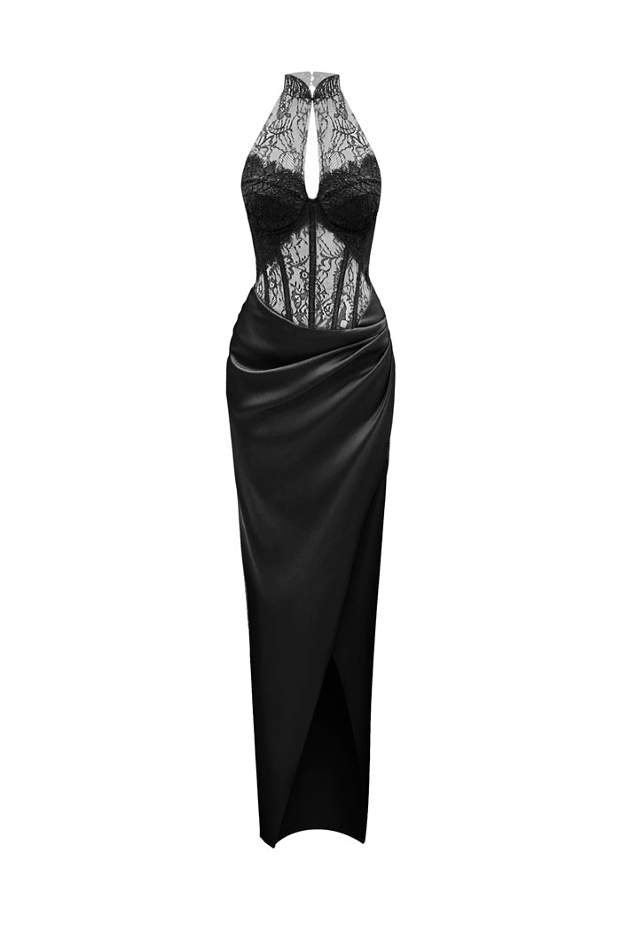 Lace and satin long midi dress – Color: Black – RASARIO Online Boutique 34 (FR) / Black