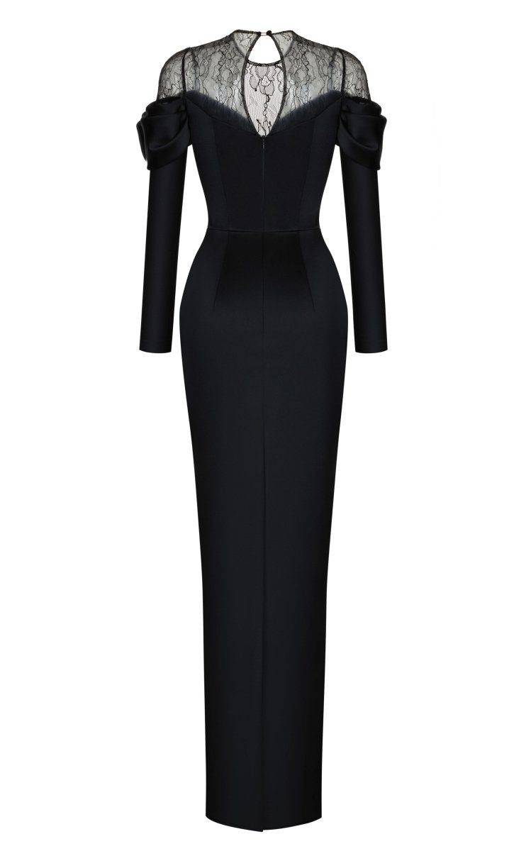 Lace and satin maxi dress with draped sleeves – Rasario