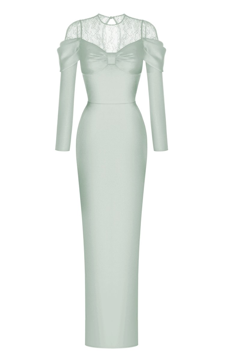 Lace and satin maxi dress with draped sleeves – Rasario
