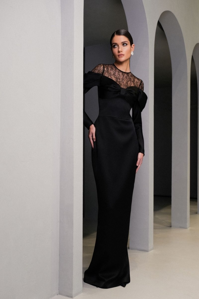 Lace and satin maxi dress with draped sleeves – Rasario